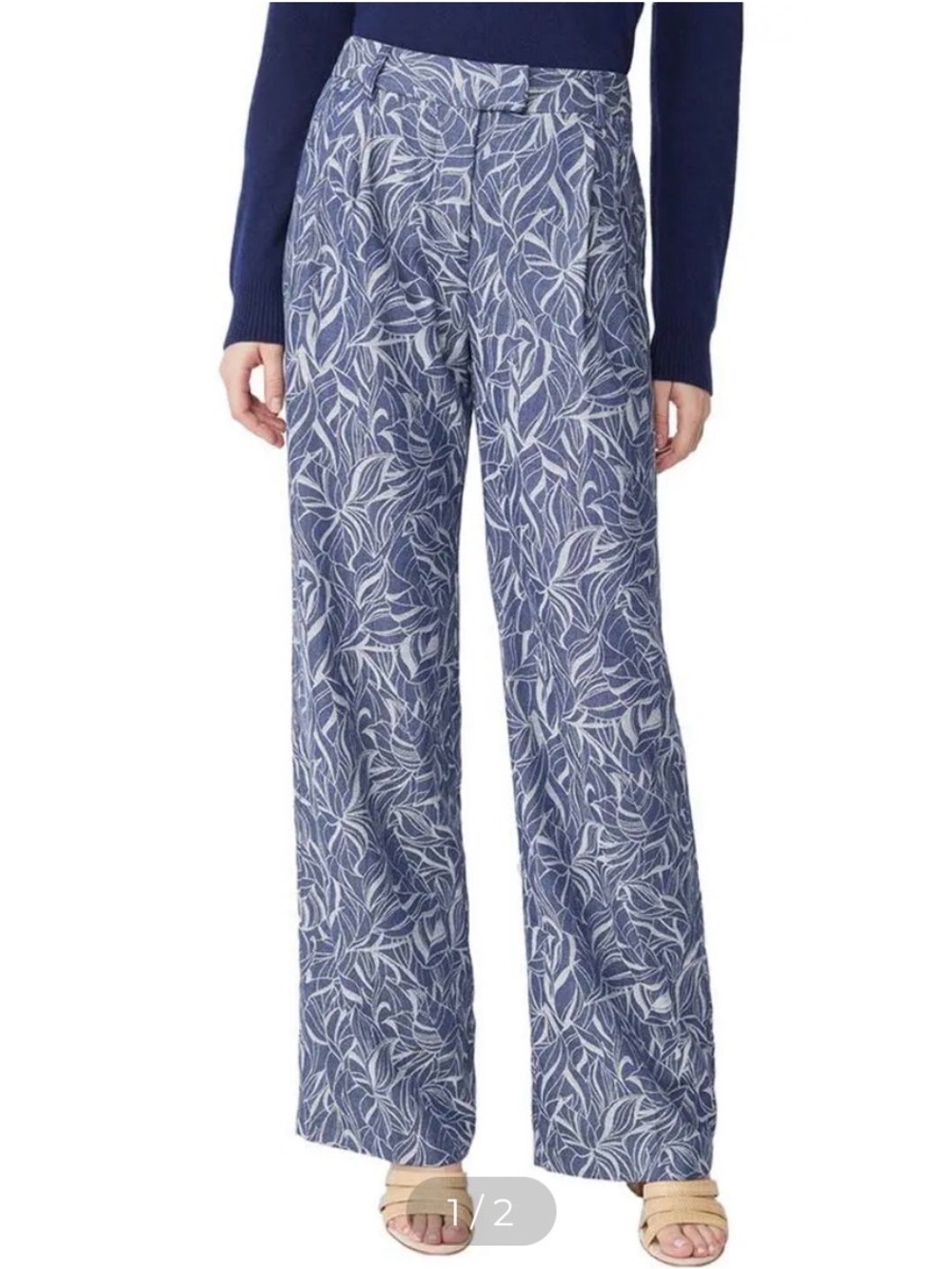 J. McLaughlin Navy Leaf-Print Wide-Leg Jeans